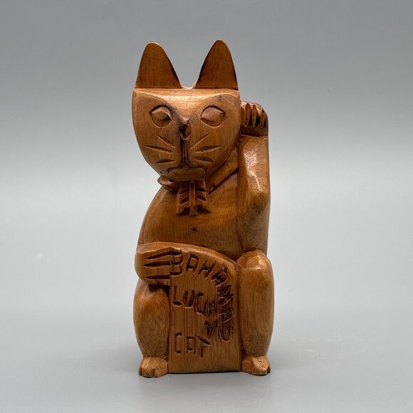 Other - Hand-Carved Wooden Lucky Cat Figurine Maneki Neko | Made in Bahamas